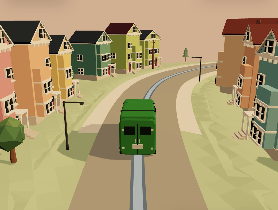 Low-poly San Francisco street with the green Fleety van on its dispatch route