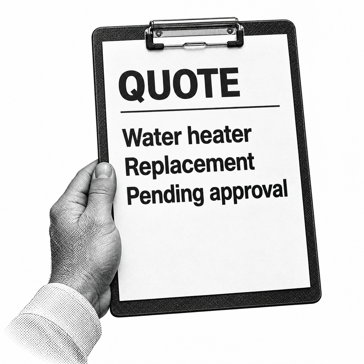 A hand holding a water heater replacement quote marked pending approval